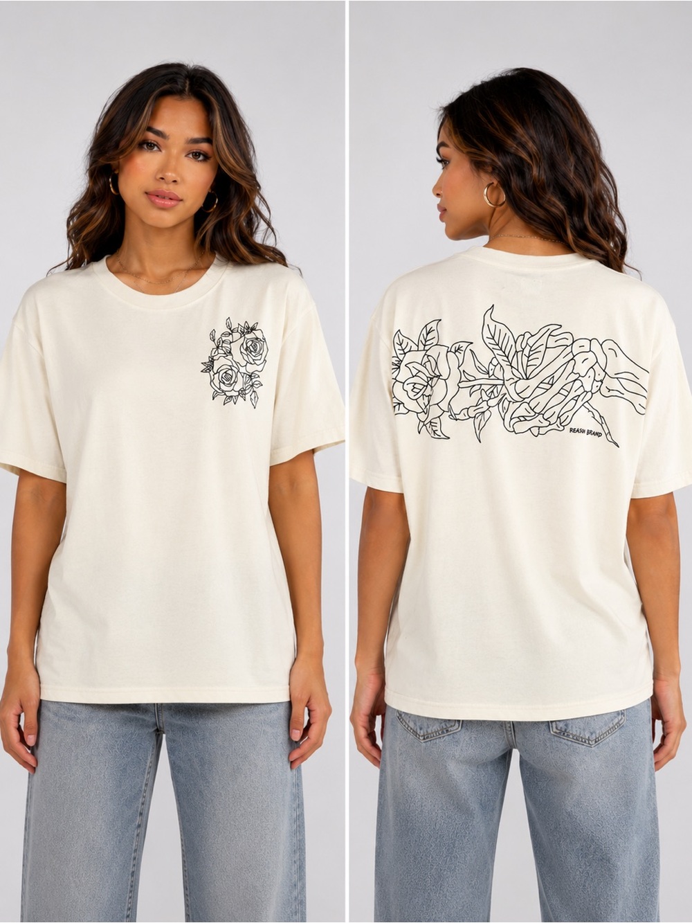 NWT Reason Cream Short Sleeve Tee with Black Floral Line Art